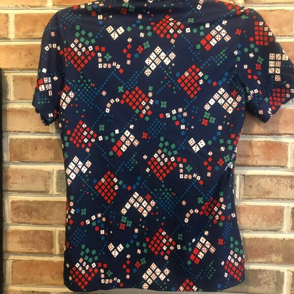 Sears Perma Press Vtg Womens Sz 12 Button Up Polyester Top Pointed Color Navy Di - Picture 6 of 9